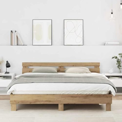 vidaXL Bettgestell 180 x 200 cm in Artisan Eiche mit wandmontiertem Kopfteil. Hergestellt aus langlebigem und fleckenresistentem Holz. Kompaktes, rechteckiges, braunes Design für Dein Schlafzimmer
