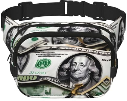 Sac banane carré double couche pour homme et femme, motif billets de banque, sac banane léger, pour course à pied et randonnée