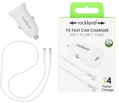 Rockland 20W PD Fast Car Charger with USB C to USB C Cable, Power Delivery Vehicle Adapter for Samsung iPhone, Ultra Fast Mobile Phone Charger