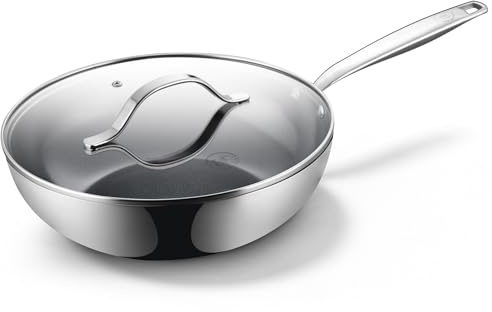 Be Living Essential Series Edelstahl-Wokpfanne 28 cm mit Glasdeckel – 4,0 l – PFAS-, PFOA- und PTFE-freie Keramik-Antihaftbeschichtung – induktionsgeeignet – Schwarz