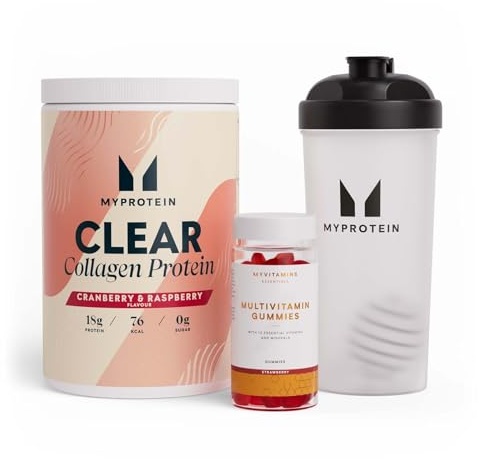 Myprotein Clear Collagen & Multivitamin Gummies Bundle – Cranberry & Raspberry Clear Collagen Protein Powder + Strawberry Multivitamin Gummies + Shaker | Beauty, Wellness & Daily Nutrition Pack