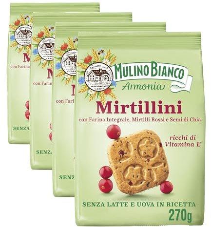 Mulino Bianco Mirtillini, Biscotti Frollini con Farina Integrale, Mirtilli Rossi e Semi di Chia, Ricchi di Vitamina E, Senza Latte e Uova in Ricetta, Confezione 270g (Confezione da 4)