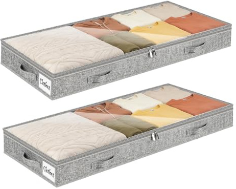 10cm Tall 2 Pack Underbed Storage Bags, Low Profile Under bed Storage Box with lid, Foldable Clothes Storage Bags with Sturdy Zip, PVC Window, Reinforced Handle for Clothes, Duvets, Blankets, Bedding
