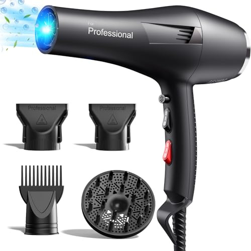 Secador pelo profesional iones, Hair Dryer iónico con 1 difusor, 2 boquillas de peinado, 3 temperaturas, aire frío y caliente, secado rápido para todo tipo de cabello