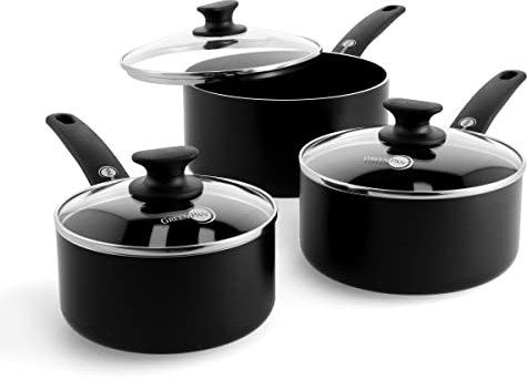 GreenPan Cambridge Juego de Ollas Sanas de Cerámica Antiadherente, 16cm/1.5L, 18cm/2.1L y 20cm/3.1L con Tapas, Libre de PFAS, Inducción, Apto para Horno, Negro