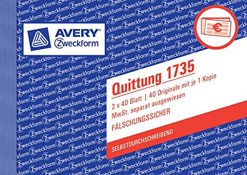 AVERY Zweckform 1735 Quittung (A6 quer, MwSt. separat ausgewiesen, 2x40 Blatt) weiß/gelb (10 Stück)