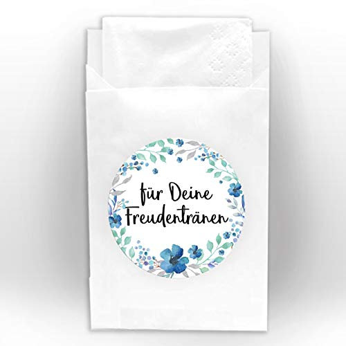 JuNa-Experten 100 Aufkleber für Freudentränen + 100 Tüten/weiß für Hochzeit, Taufe/Aufkleber für Taschentuchtüten/romantische Sticker für Geschenkverpüackung Taschentuchverpackung