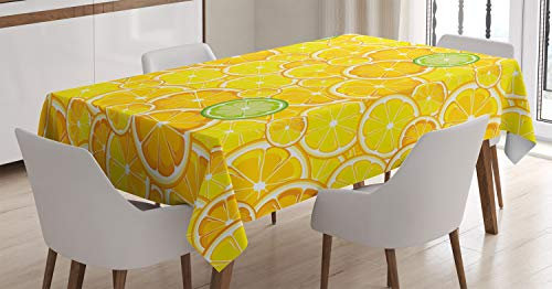 ABAKUHAUS Obst Tischdecke, Lemon orange Kreise, Personalisierter Druck Klare Farben ohne Verblassen Waschbar für Außen Bereich, 140 x 170 cm, Weiß Grün