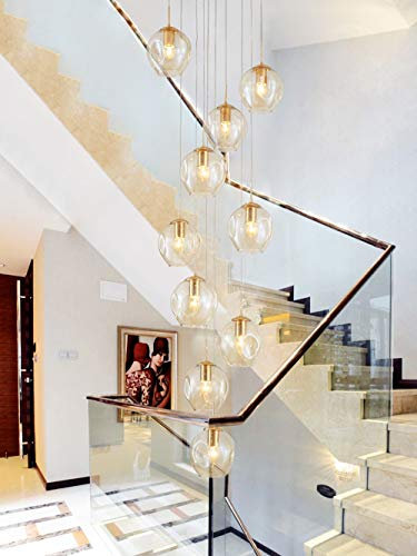 BDS lighting 10 Boules De Verre Escalier Lustre Long Pendant Lumière Bâtiment Duplex Grand Lustre Salon Villa Creux Moderne Escalier Minimaliste Lampe 40x200 cm