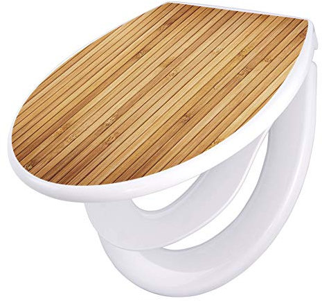 banjado Familien WC Sitz mit Absenkautomatik 44,5x37cm / Klodeckel/Klobrille mit Kindersitz aus hochwertigem Polypropylen/Toilettensitz Kindersitz integriert Motiv Bambusholz