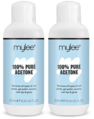 Mylee 100% Pure Acetone Gel Nail Polish Remover for UV/LED, Gel Soak Off, Removes All Types of Nail Polish, Acrylic, Nail Tip & Glue (2x 300ml)