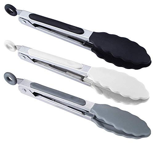 MSY BIGSUNNY Mini-Servierzange, Silikon Küchenzange, 17,8 cm, Schwarz, Weiß, Grau, 3 Stück