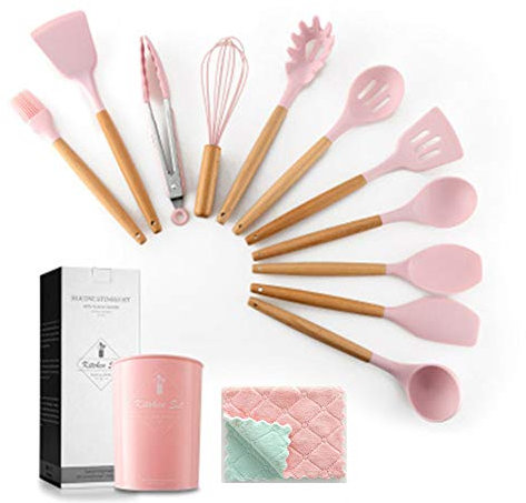 Set di 11 utensili da cucina in silicone, antiaderenti, spatola, tornitore, resistenti al calore, con manico in legno e panno per spolverare (rosa)