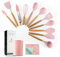 Set di 11 utensili da cucina in silicone, antiaderenti, spatola, tornitore, resistenti al calore, con manico in legno e panno per spolverare (rosa)