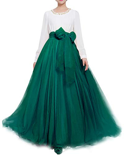 YULUOSHA Women's Long Maxi Puffy Tulle Skirt A Line with Bowknot Belt High Waisted for Wedding Party Evening Plus Size,UK 20 to 28 Green