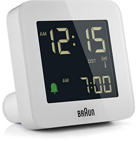Braun Digitaler Funkwecker Mitteleuropäische Zeitzone (MEZ) mit Schlummerfunktion, Negatives LC-Display, Schnelleinstellfunktion, Crescendo-Alarm in Weiß, Modell BC09W-DCF.