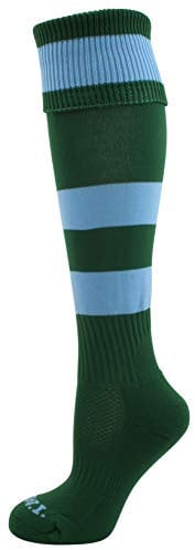 Ex-Store Kids Football Style Sport Socks Bottle Green + Sky Hoops 2-5