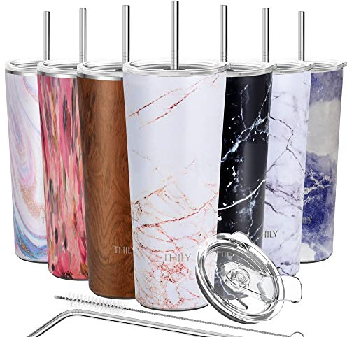 Thily Thermobecher aus Edelstahl, vakuumisoliert, 780 ml, Kaffeetasse mit 2 Deckeln und Strohhalmen, spritzwassergeschützt, hält Eisgetränke kalt, goldfarbener Marmor