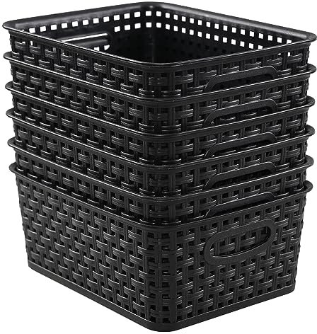 Sandmovie Plastic Woven Storage Baskets, Black, 6 Packs