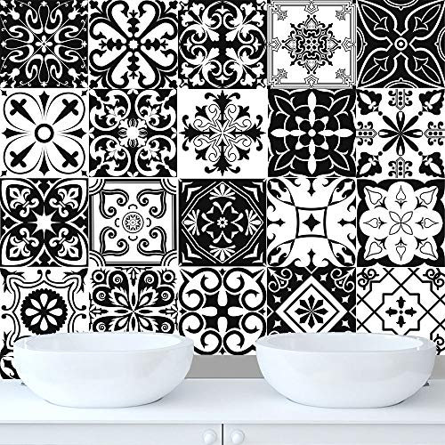 HORIWE 25pc Tile Stickers 6x6 Inches Backsplash PVC Waterproof Oil Proof Self Adhesive DIY Bathroom Kitchen New Wall Stickers Home Decor Black-White 15x15