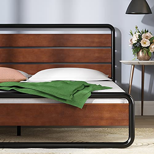 Zinus Therese Super King Bed frame - Bed 180x200 cm - 20 cm Height - Metal and Wood Platform bed frame with wood slat support - Brown