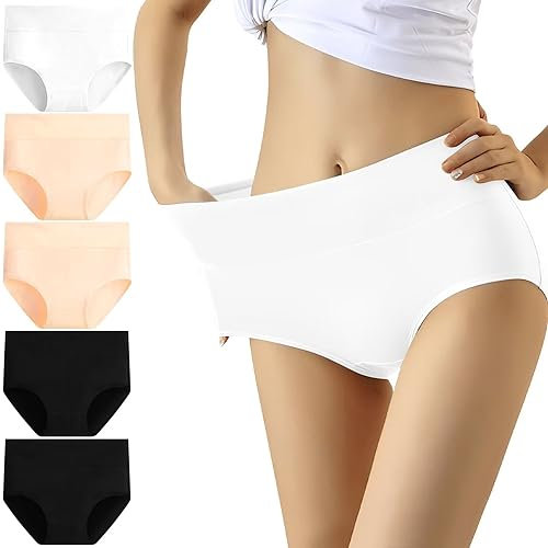 YouShow Unterhosen Damen 5er Pack Baumwolle Hohe Taille Unterwäsche Slip Stretchanteil(Mode Aprikose,M)