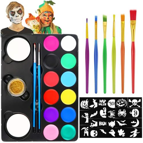 FHzytg Halloween Kinderschminke Set, Waschbar Face Paint Bodypaint Schminke Kinder, mit 15 Farben Schminkpalette, Professionelle Schminkset Halloween Gesichts-Make-Up