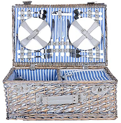 YRHH Ensemble De Paniers De Pique-Nique pour 4 avec Grand Sac Isotherme, Panier De Pique-Nique en Osier avec 4 Couverts en Acier Inoxydable 4 Assiettes 4 Verres À Vin 1 Décapsuleur pour L'extérieur-A