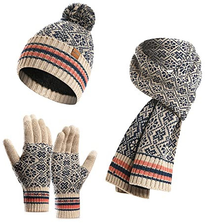 LumiSyne Winter 3 In 1 Mütze Schal Handschuh Sets Für Damen Beanie Strickmütze Langer Schal Touchscreen Handschuhe Jacquard Stricken Schneemuster Weicher Warme Dicke Futter