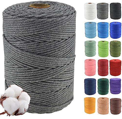 Klhamky 4mmx300m Corda di Cotone Naturale Macramé - Corda di Cotone 100% Naturale a 4 Fili Ritorti per Appendini Fatti a Mano, Fai-da-te, Creazioni Artigianali,grigio