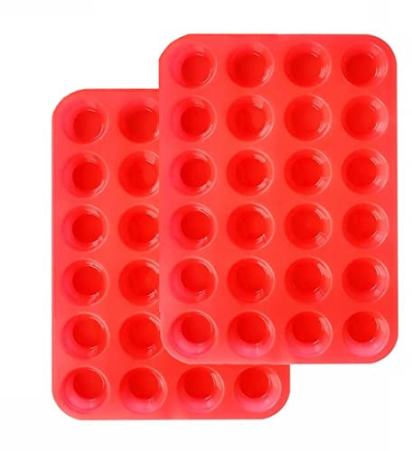 Mini Muffin &Cupcake Set, 24 Cups 2-Pieces, Nonstick Silicone Baking Pan, BPA Free and Dishwasher Safe, Great for Making Muffin Cakes, Tart, Bread (24 Cups Red,2 PCS)