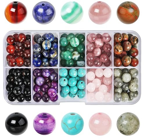SOSMAR 200 Stück Natürliche Edelsteine ⌀ 8mm rund Perlen für Armbänder Halsketten Schmuck Basteln Auffädeln, 10 Sortierte Steinperlen Edelsteinperlen (Stil B)