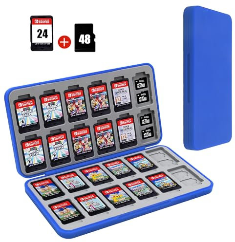 FYY Switch Game Case for Nintendo Switch with Mirco SD Cards Holder, Portable Switch Game Card Case with 24 Game Card Slots & 24 Micro SD Card Slots, Hard Shell, Soft Silicone Lining (Blue)