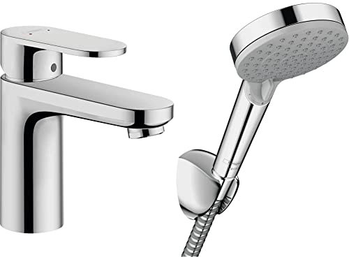hansgrohe Set mit Vernis Blend Waschtischarmatur wassersparend, Auslaufhöhe100mm, mit Zugstange + wassersparendes Brausehalterset mit Sparduschkopf, Duschschlauch 1,60m und Halterung (Chrom)