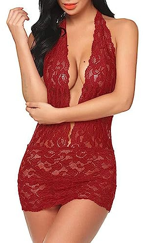 VicSec Lingerie Sexy Babydoll in Pizzo per Donne Trasparente Camicia da notte a Maglia Scollo a V Profondo Chemise Mini Abito Halter Tuta con Perizoma per Pigiama Biancheria da notte nuziale di Natale