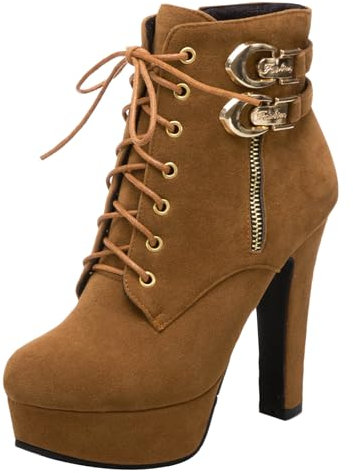 Joliss Donna Moda Tacco Alto Stivaletti con Laccio Plateau Polacchine Zip Stivali Invernali Tacco a Blocco Marrone Numero 34 EU