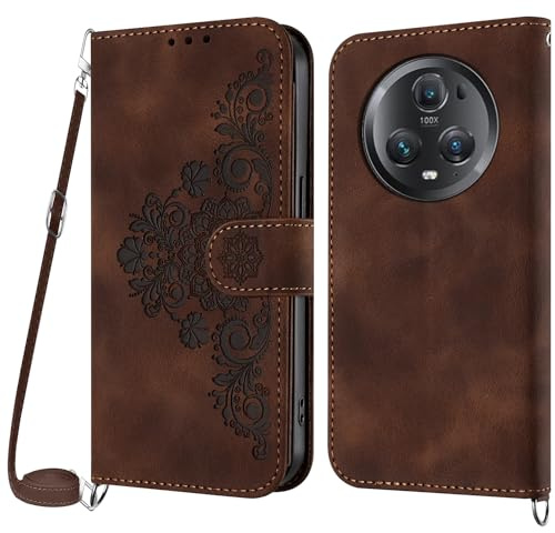 NETANY Handykette Hülle für Huawei Honor Magic 5 Pro, Handyhülle Huawei Honor Magic 5 Pro Hülle mit Kette Klappbar, PU Leder Necklace Klapphülle und Umhängeband Lanyard Schutzhülle mit Band (Braun)