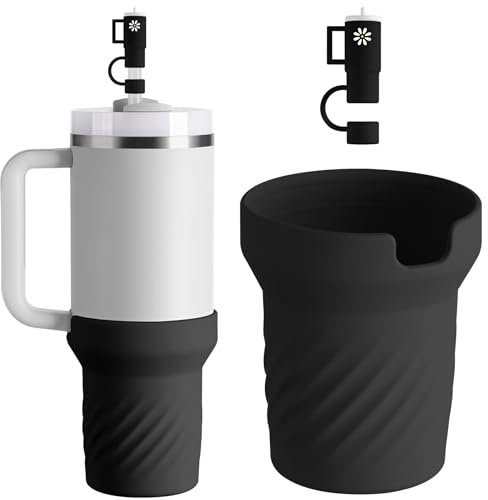 NiHome Morandi Color Silicone Boot & Straw Cap Set for 40OZ Stanley Tumblers, 0.4 Diameter Straws - Diagonal Line Design Anti-Slip Sleeve, Noise-Reducing & Scratch-Proof Protective Accessory (Black)