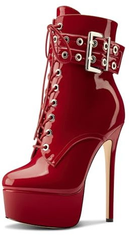 Aachcol Mujer Aguja Alto High Heel Plataforma Botines Redonda Punta Cordones Cremallera Caña Media Cierre con Hebilla Dress Botas