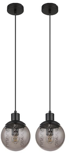 Pendellampe Esstischleuchte Hängeleuchte Wohnzimmer, Glas rauch, Metall schwarz, 1x E27, DxH 15 x 150 cm, 2er Set