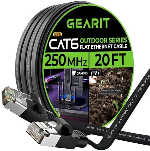 GEARit Cat 6 Outdoor Flat Ethernet Cable (20ft, Black) Direct Burial Rated LLDPE Jacket - Indoor Cat6 Shielded FTP 10Gbps High Speed Gaming Computer Network RJ45 Snagless Patch Cord Internet