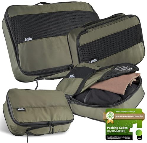 BACK&PACKER® Packing Cubes mit Kompression 4-teilig - Packtaschen Set aus recyceltem Material - Leichte Organizer für Rucksack & Koffer - inkl. Packwürfel für nasse Wäsche & Beutel (olivgrün)