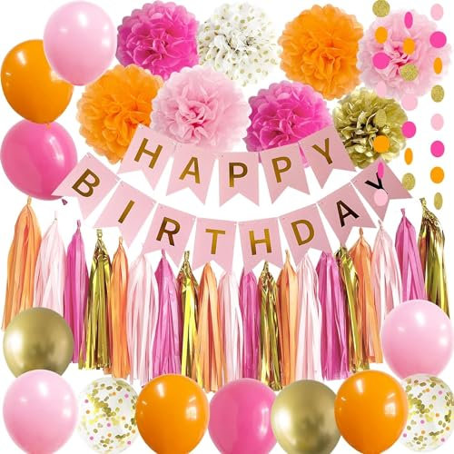 Acidea Décoration d'Anniversaire Rose et Orange, Bannière Happy Birthday, Pompons pour Hommes et Femmes - Doré, Rose Vif, Orange Vif
