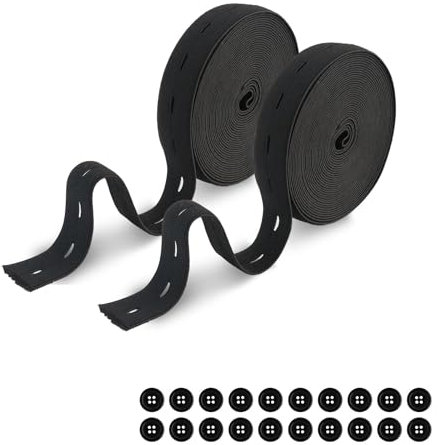 2 Rollen Elastisch Gummiband Nähen, Knopfloch Gummiband Breit, Hosengummi Gummizugband Gesamt 20m, Breites Gummiband 20mm mit 20 Knöpfe, Polyester Elastisches Band für Gürtel Hosenkordel (Black)