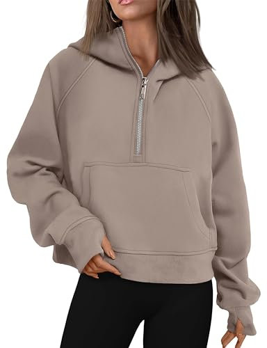 Timuspo Hoodie Damen Kurz Sweatshirt Jacke Casual Half Zip Hoodie Langarm Kapuzenpullover mit Zipper Taschen Sweatjacke Damen Bauchfrei Hochwertige Oberteile Hellbraun M