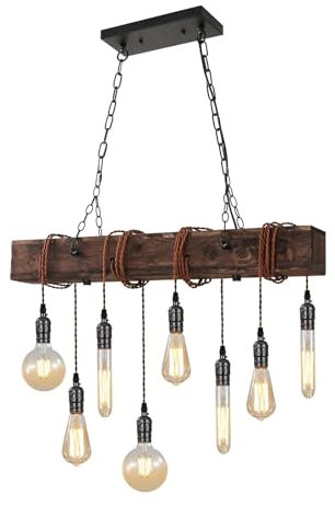 PTLYE Lámpara de araña de 8 Luces, lámpara Colgante de Isla de Cocina de Granja, lámparas de Madera rústica para Comedor, luz de Isla Ajustable en Altura, Comedor, Bar, Restaurante, cafetería, Mes