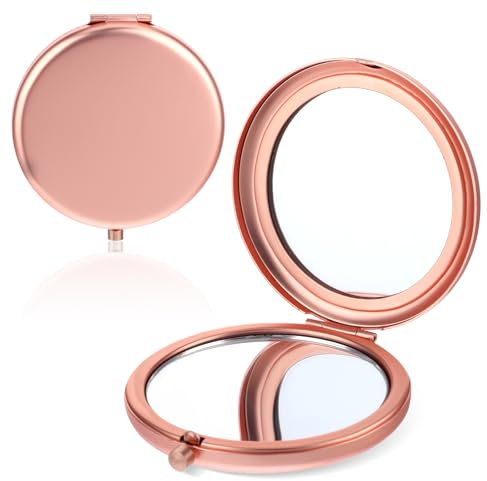 Dimeho 2 Stück Runden Kompaktspiegel, Doppelseitiger Taschenspiegel Klappbarer Reisespiegel Portable Kleiner Spiegel Mini Kosmetikspiegel für Damen Geldbörsen Handtasche Reisen(Roségold)