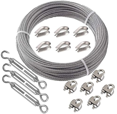 Roxanned 60m/3mm Stainless Steel Wire Rope Kit, Garden Wire for Climbing Plants with M5 Turnbuckle,Clamp Clip and Steel Thimble, for Deck Railing System,Outdoor Hanging Decoration, Garden Fence