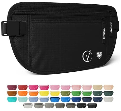 Vantamo Bauchtasche Damen Ultraflach mit RFID-Schutz, Geldgürtel für Reisen mit 2 Fächer und Verstellbarem Gurt, Hüfttasche Herren für Laufen und Wandern Passt für Reisepass, Bargeld und Telefon