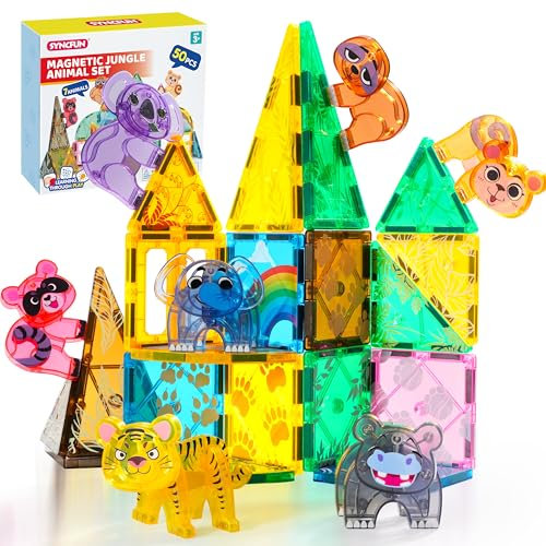 SYNCFUN Magnetic Tiles Jungle Animal Set for Kids, 50PCS Magnet Buliding Blocks Tiles 7 Animals, Learning Educational STEM Construction Toys for Boys Girls Ages 3-8, Xmas Birthday Gift for Toddlers